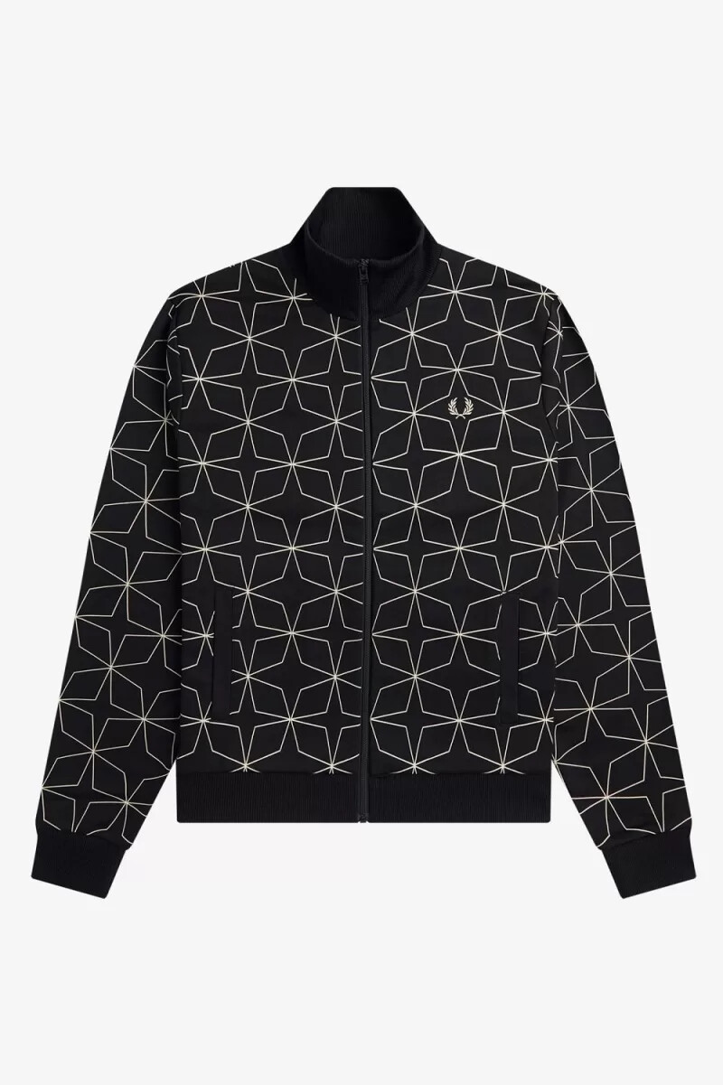 chaqueta deportiva negra con estampado geométrico para hombre de fred perry