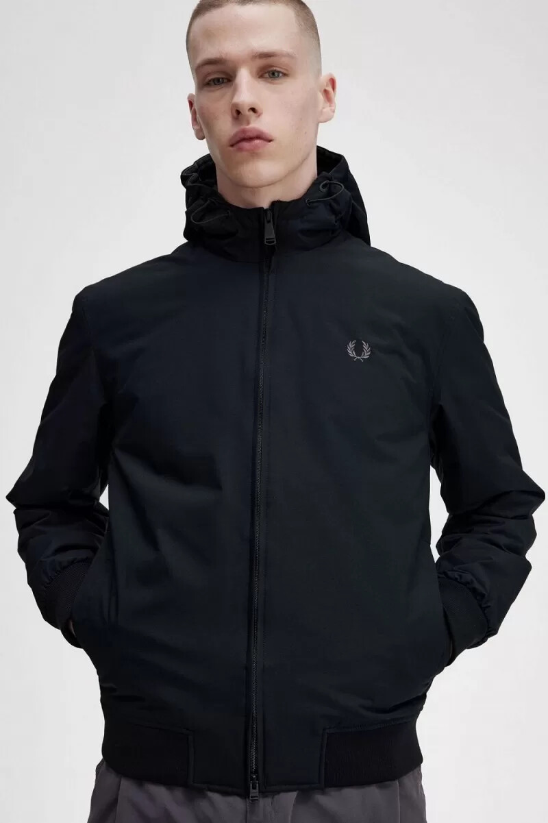 chaquetas fred perry brentham acolchadas con capucha para hombre color negro y metalizado