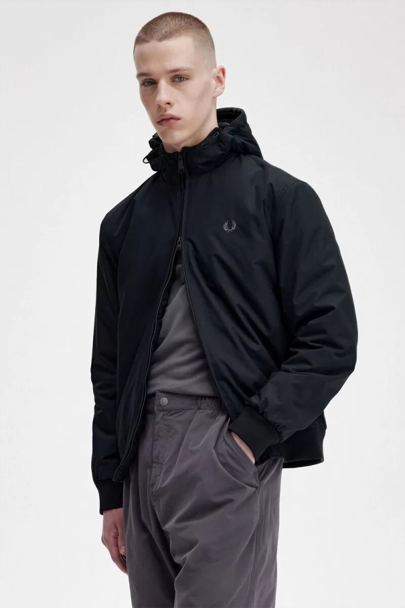 chaquetas fred perry brentham acolchadas con capucha para hombre color negro y metalizado