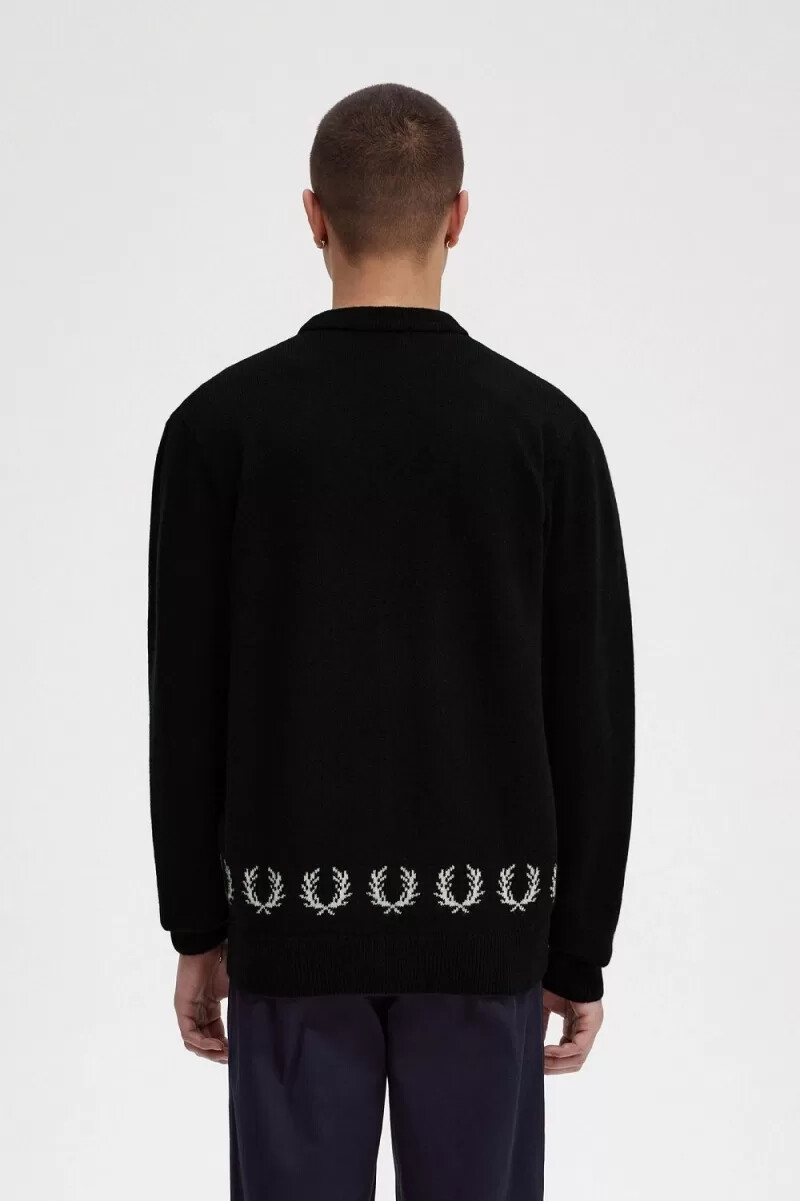 cárdigan negro con ribete de corona de laurel de fred perry para hombre