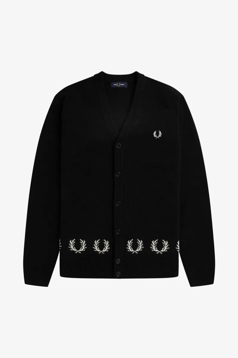 cárdigan negro con ribete de corona de laurel de fred perry para hombre