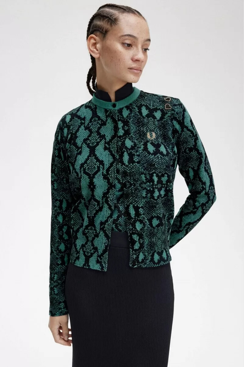 cárdigan fred perry con estampado de serpiente para mujer en color menta intenso