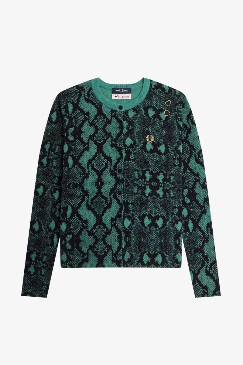cárdigan fred perry con estampado de serpiente para mujer en color menta intenso