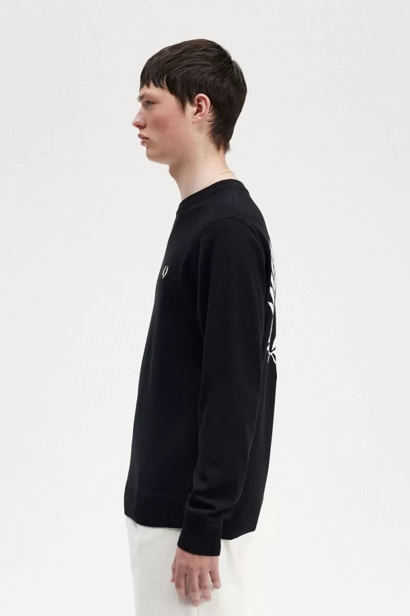 suéter negro con corona de laurel y gráfico de fred perry para hombre