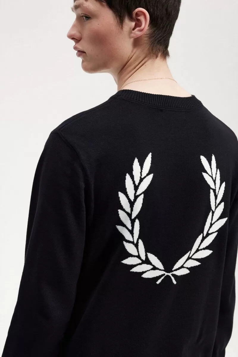 suéter negro con corona de laurel y gráfico de fred perry para hombre
