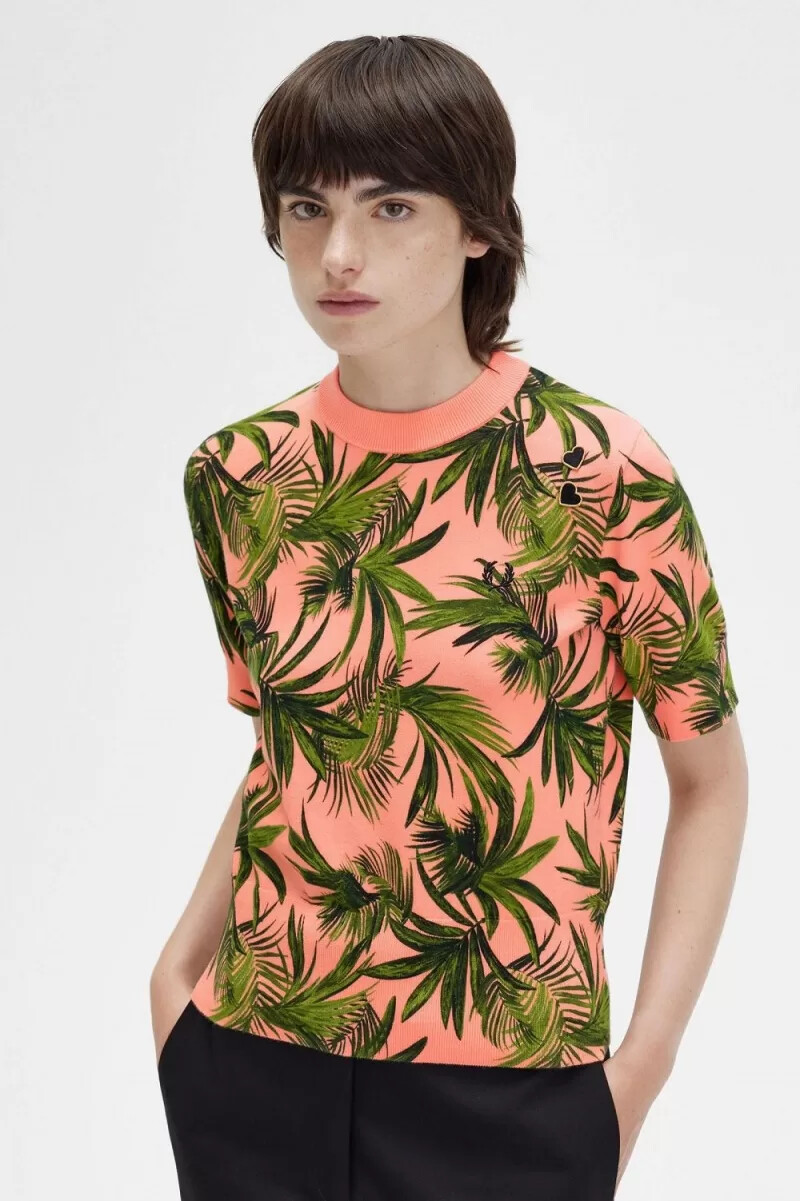 jersey fred perry con estampado de palmeras para mujer en color coral