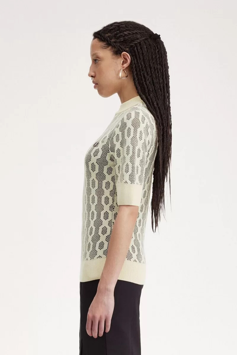 jersey fred perry de manga corta de punto abierto para mujer en color avena