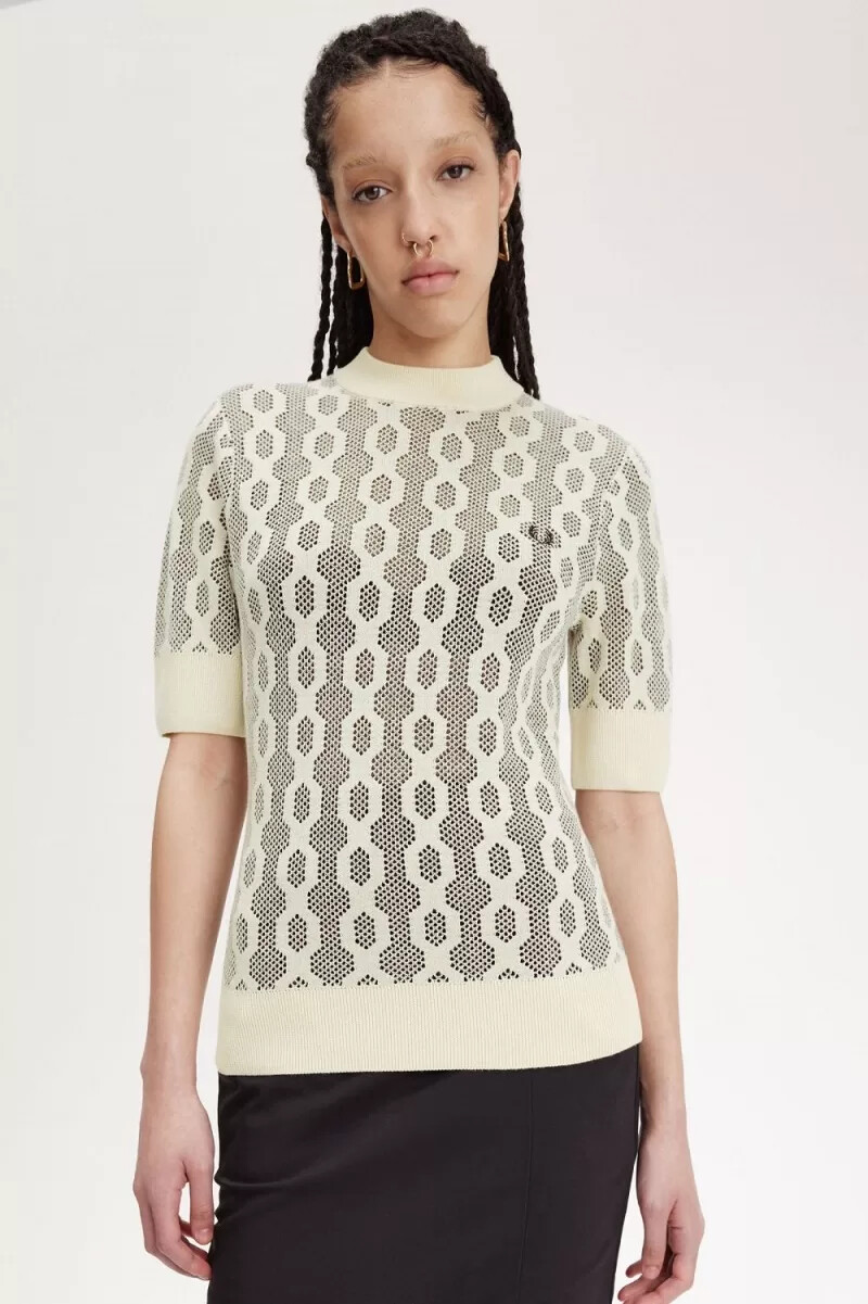 jersey fred perry de manga corta de punto abierto para mujer en color avena