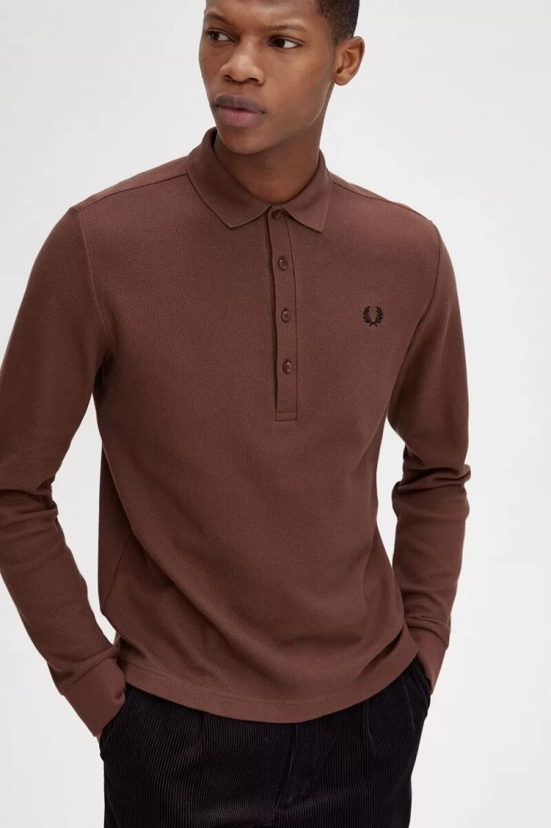 polo fred perry honeycomb de algodón de manga larga para hombre color marrón whisky