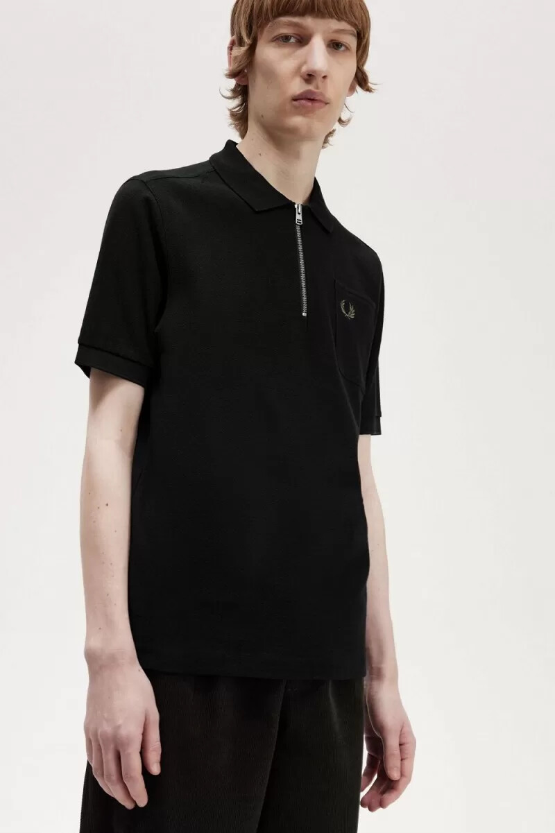polo fred perry con cuello con cremallera y textura para hombre color negro