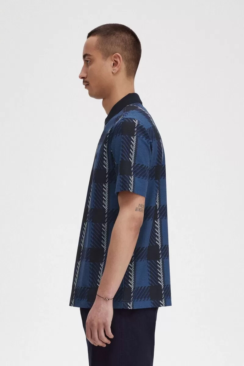 polo fred perry glitch tartan con cuello con cremallera para hombre azul medianoche