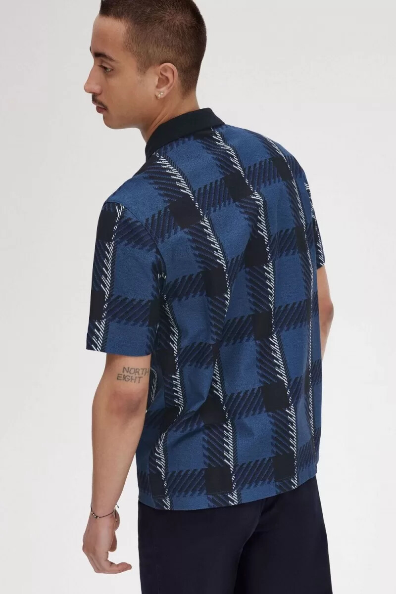 polo fred perry glitch tartan con cuello con cremallera para hombre azul medianoche