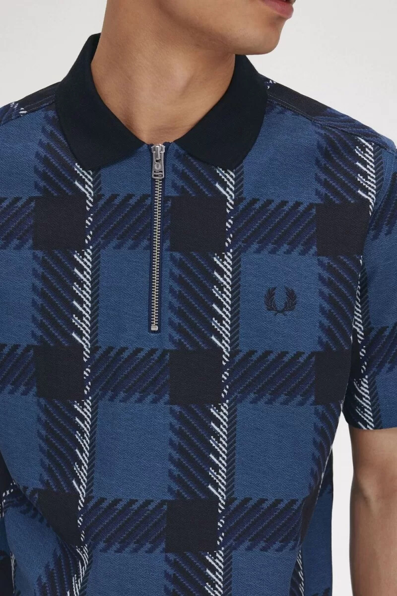 polo fred perry glitch tartan con cuello con cremallera para hombre azul medianoche