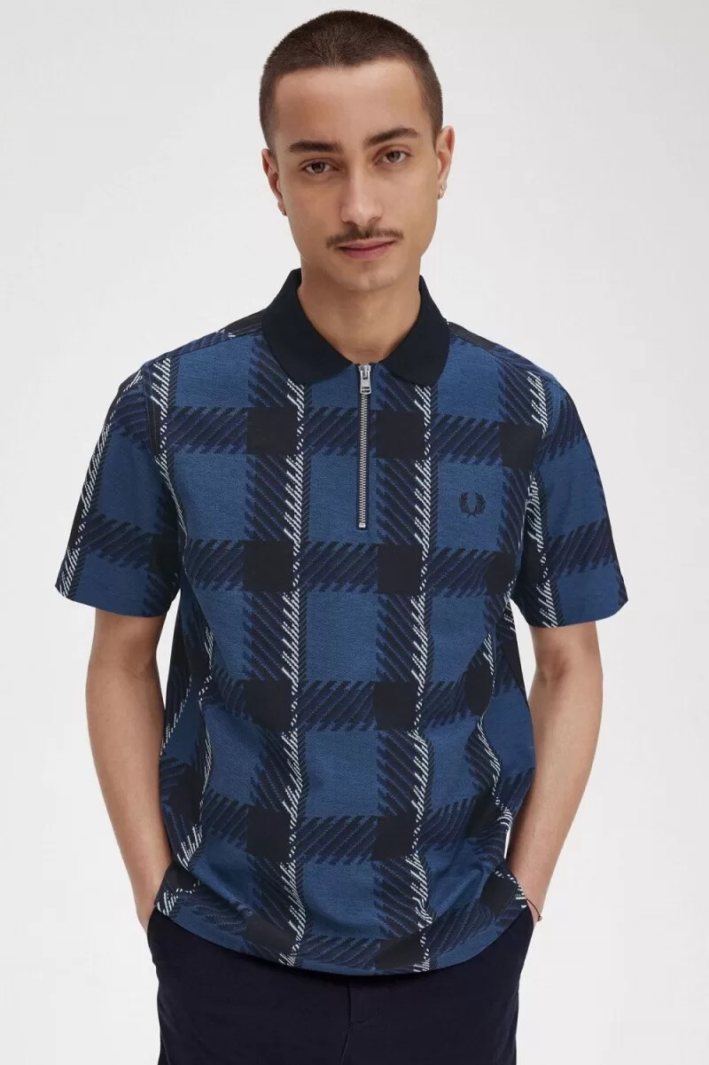 polo fred perry glitch tartan con cuello con cremallera para hombre azul medianoche
