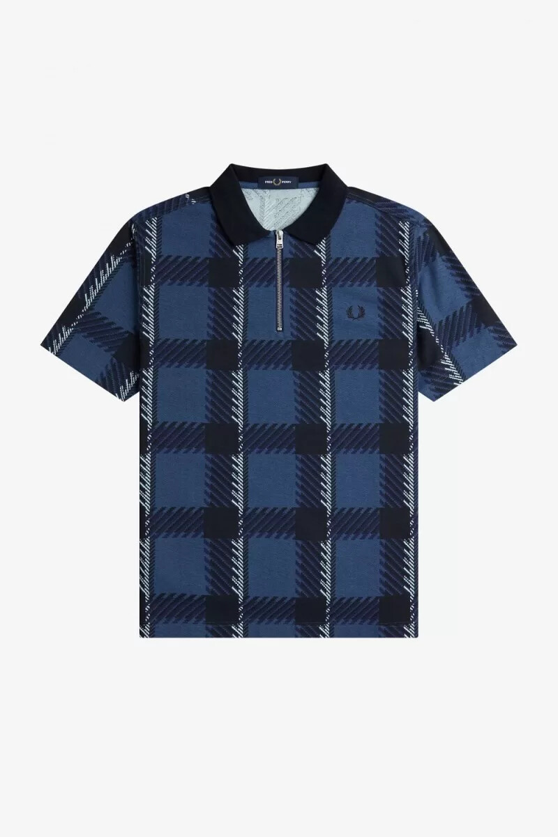 polo fred perry glitch tartan con cuello con cremallera para hombre azul medianoche