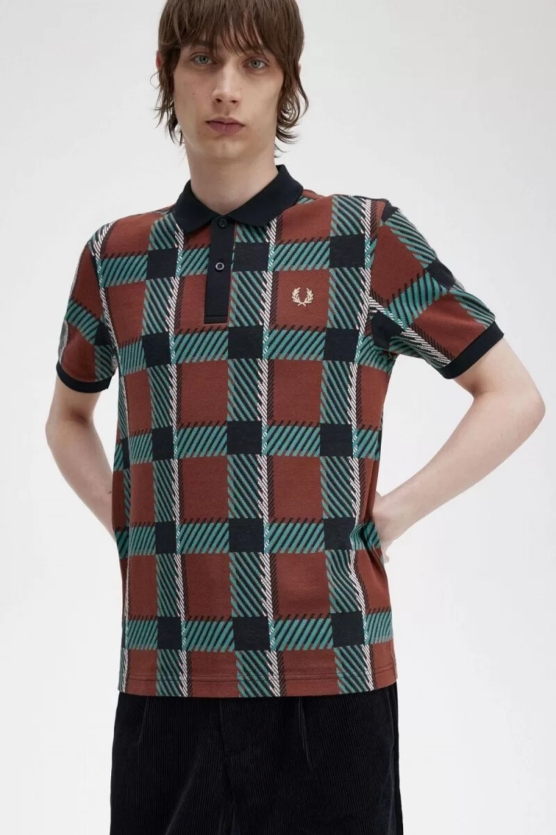 polo fred perry glitch tartan para hombre en marrón whisky