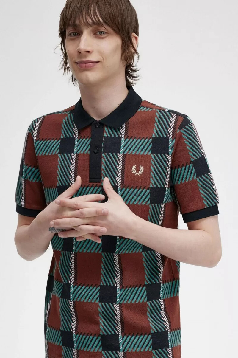 polo fred perry glitch tartan para hombre en marrón whisky