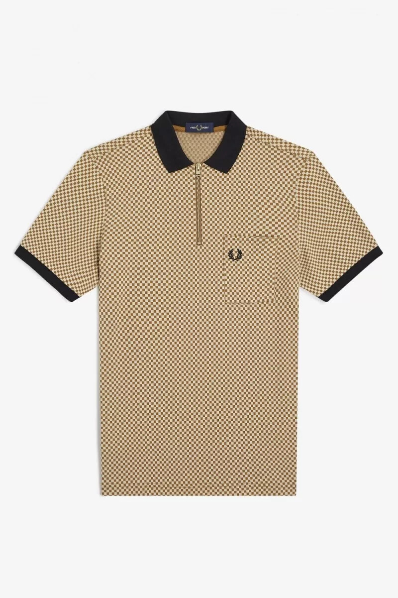 polo fred perry micro chequerboard para hombre en color avena y café oscuro