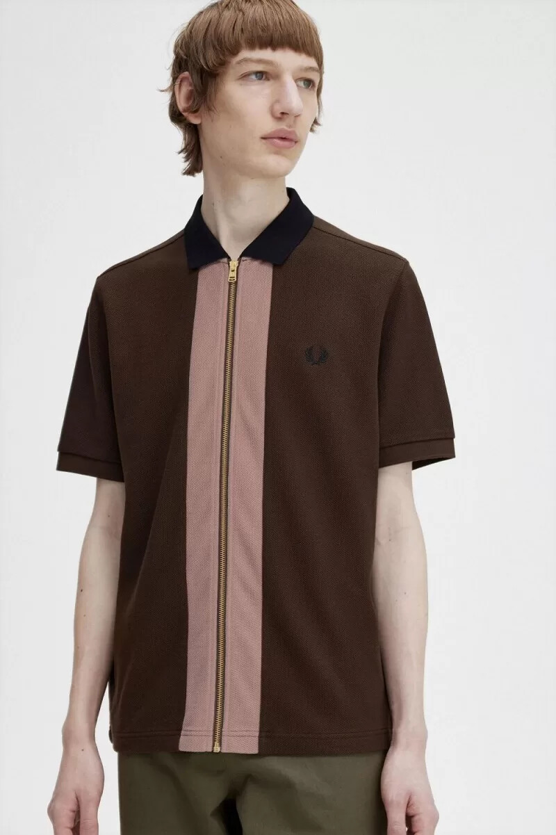 polo fred perry con cremallera para hombre color tabaco quemado