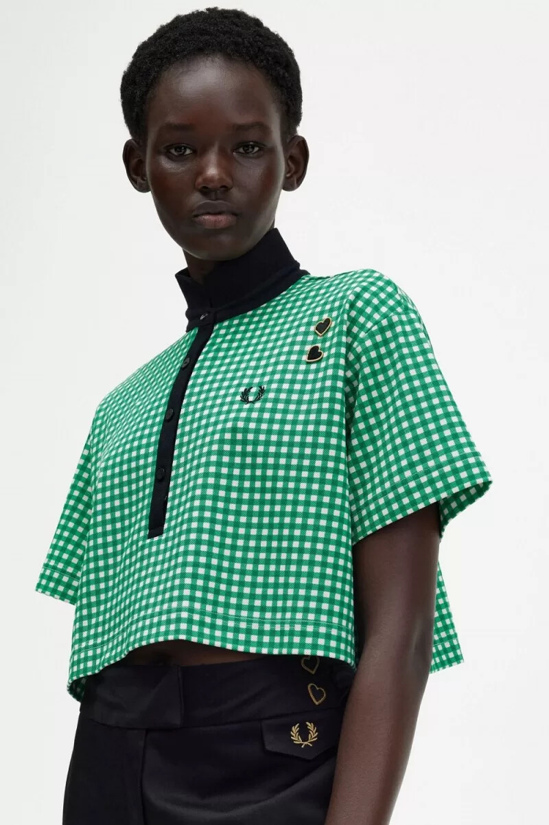 polo fred perry cropped gingham piqué para mujer verde
