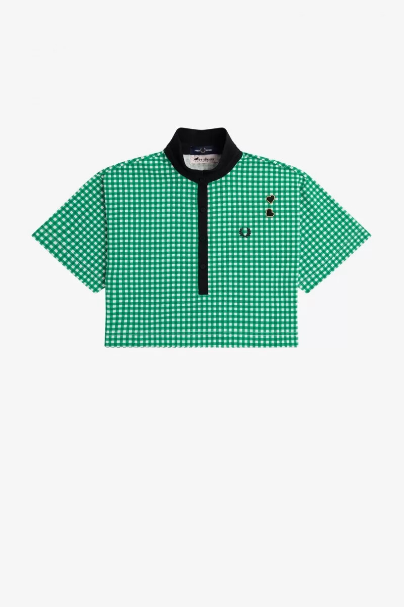 polo fred perry cropped gingham piqué para mujer verde