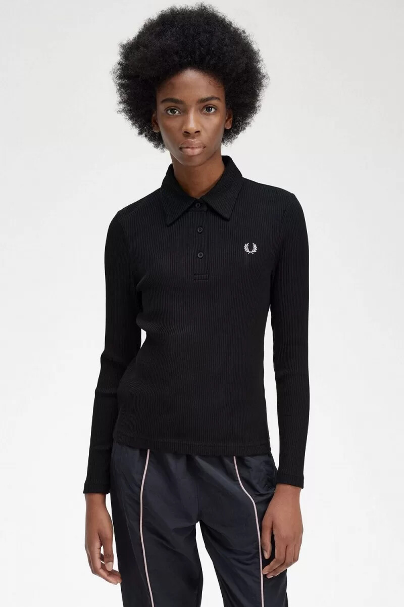 polo fred perry de manga larga acanalado para mujer color negro