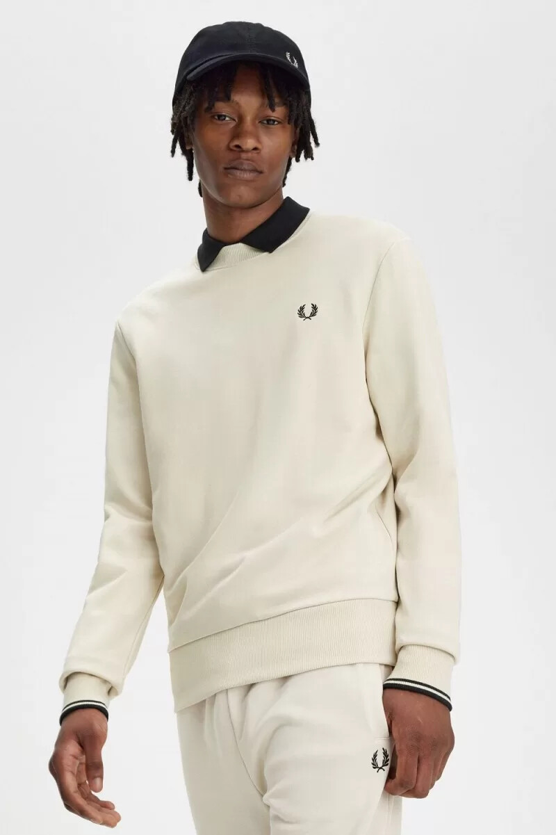 sudadera fred perry con cuello redondo para hombre en color avena y negro