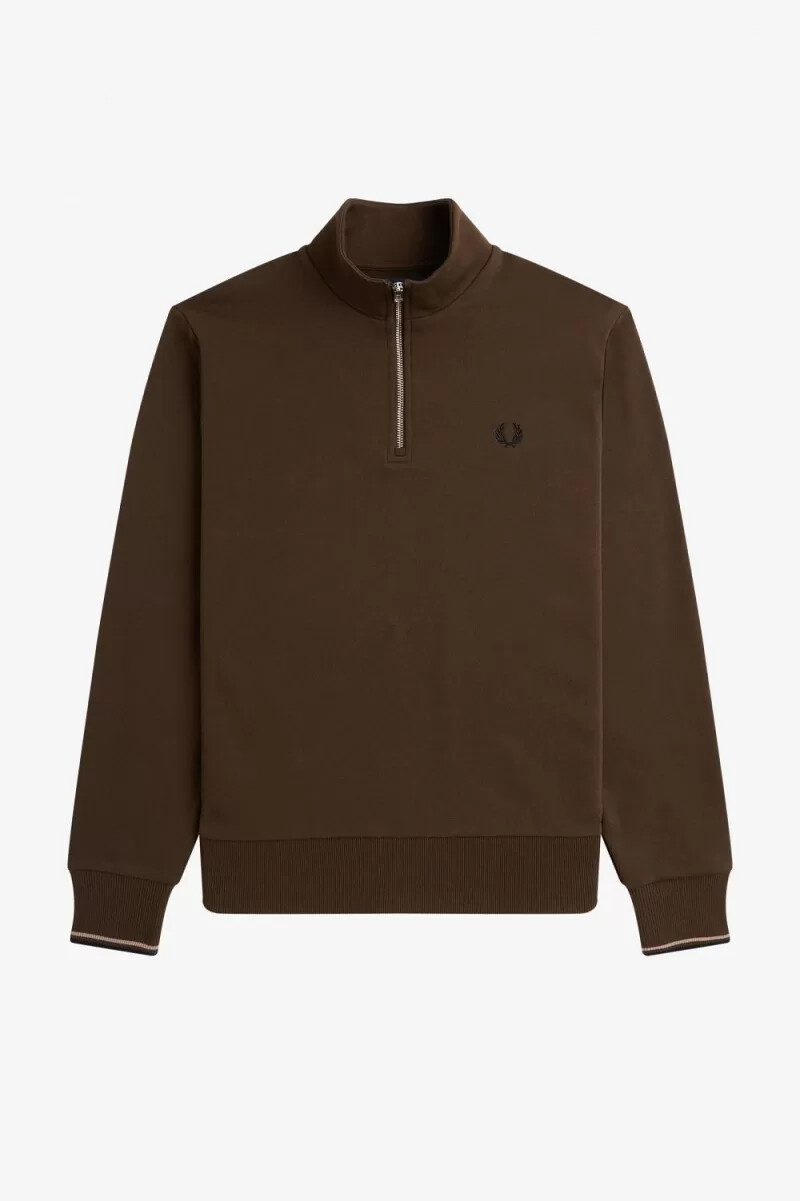 sudadera fred perry con media cremallera para hombre en color tabaco quemado