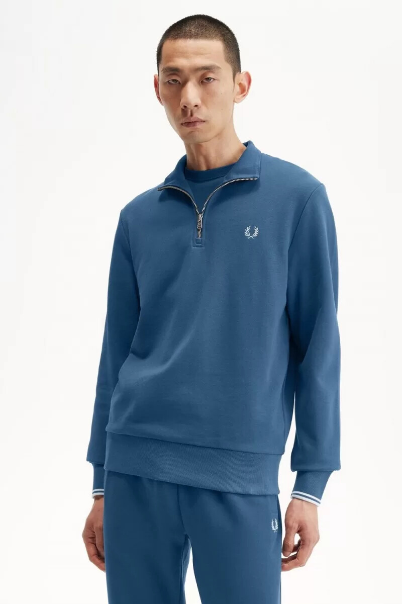 sudadera fred perry con media cremallera para hombre en azul medianoche y aguamarina claro