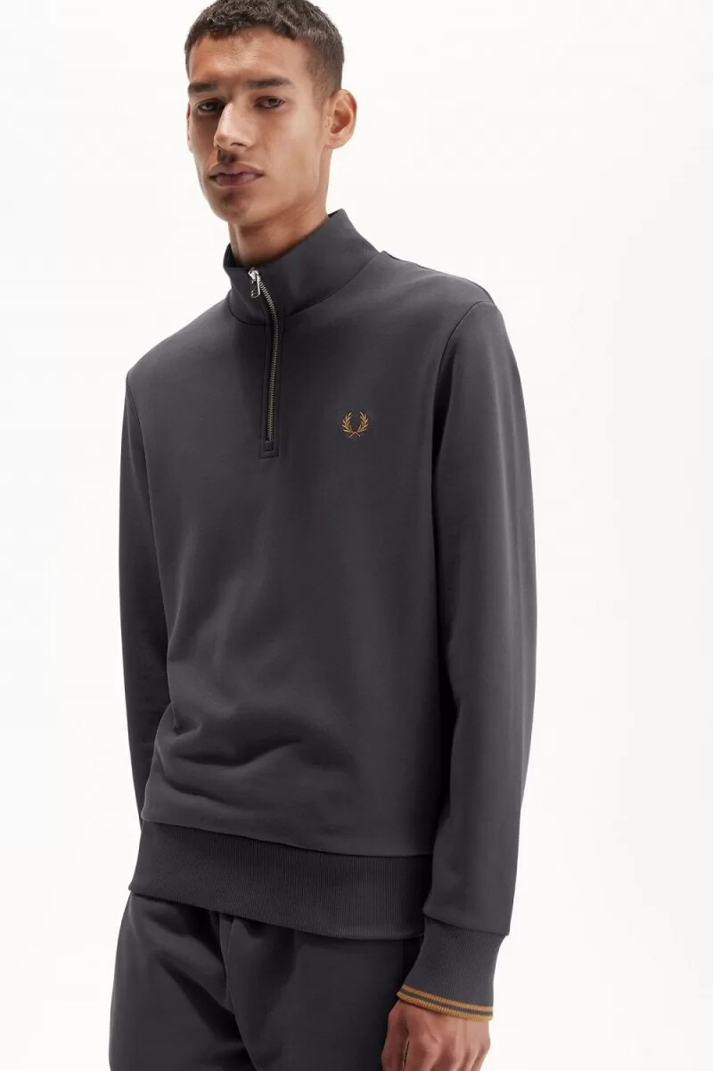 sudadera fred perry con media cremallera para hombre color gris ancla y café oscuro