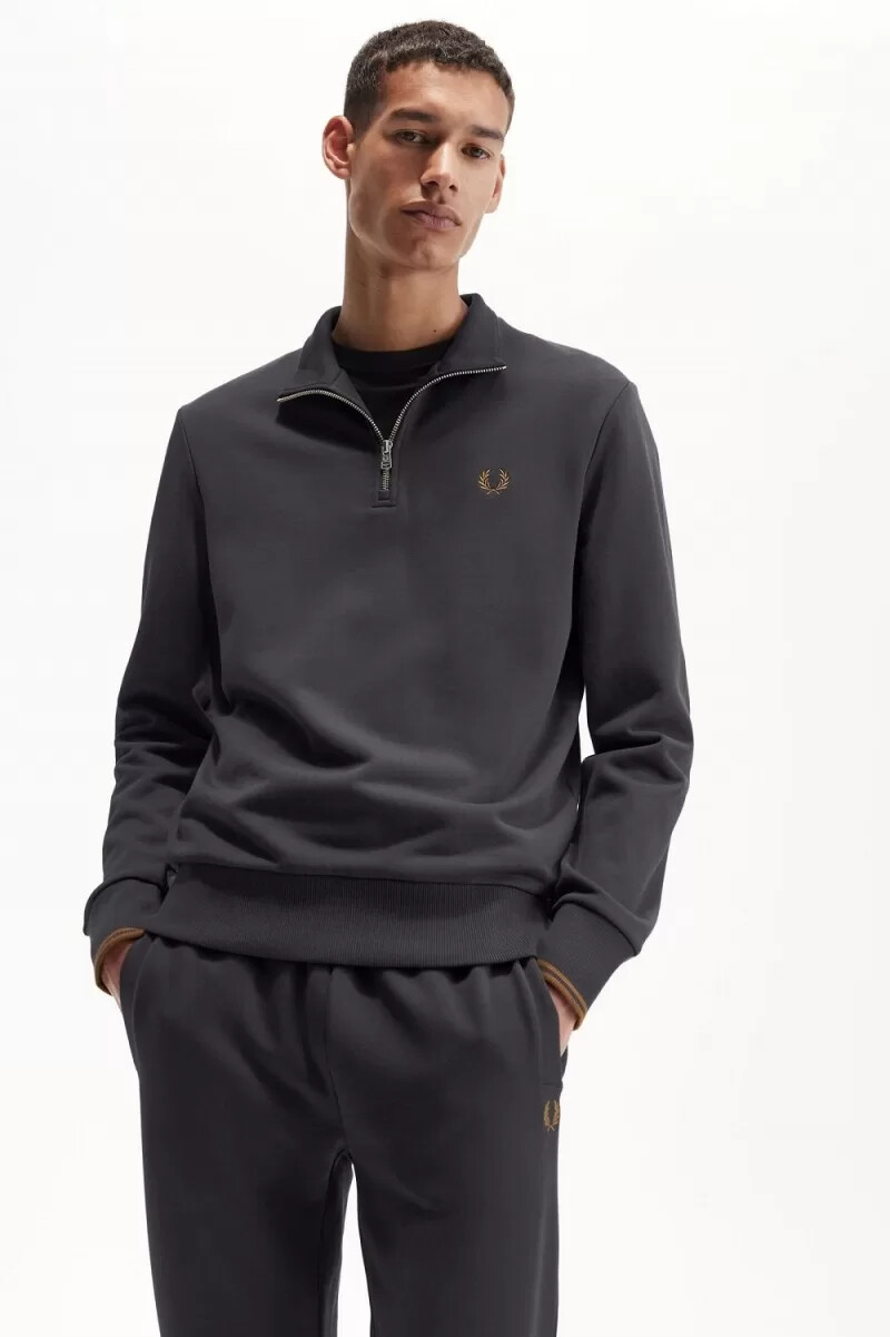 sudadera fred perry con media cremallera para hombre color gris ancla y café oscuro