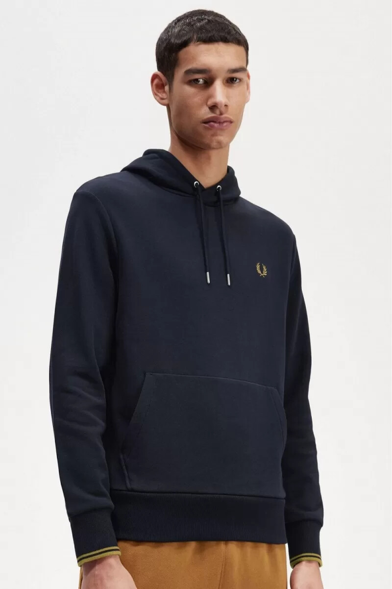 sudadera con capucha y ribete de fred perry para hombre color azul marino y café oscuro