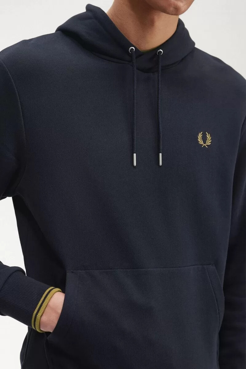 sudadera con capucha y ribete de fred perry para hombre color azul marino y café oscuro