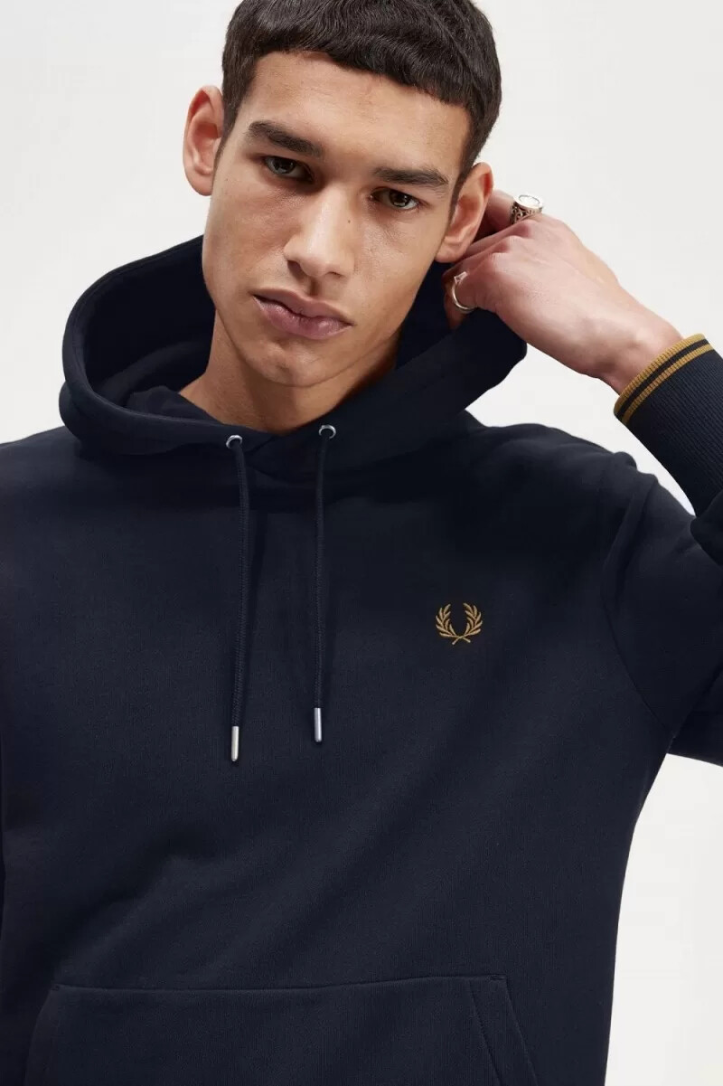 sudadera con capucha y ribete de fred perry para hombre color azul marino y café oscuro