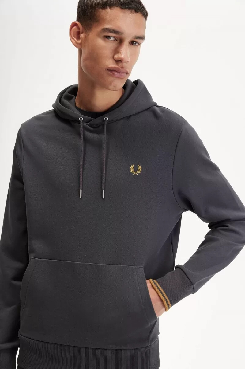 sudadera con capucha y ribete de fred perry para hombre color gris ancla y café oscuro