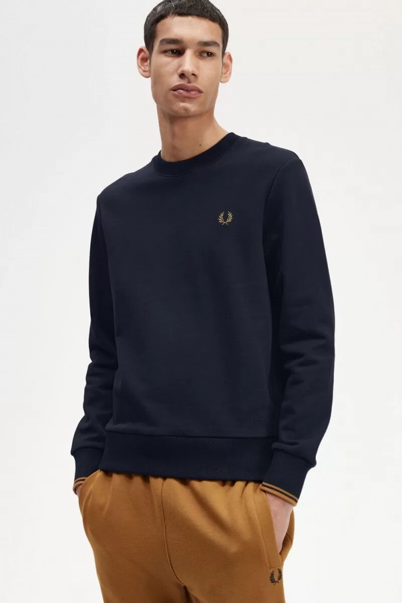sudadera fred perry de cuello redondo para hombre color azul marino y café oscuro
